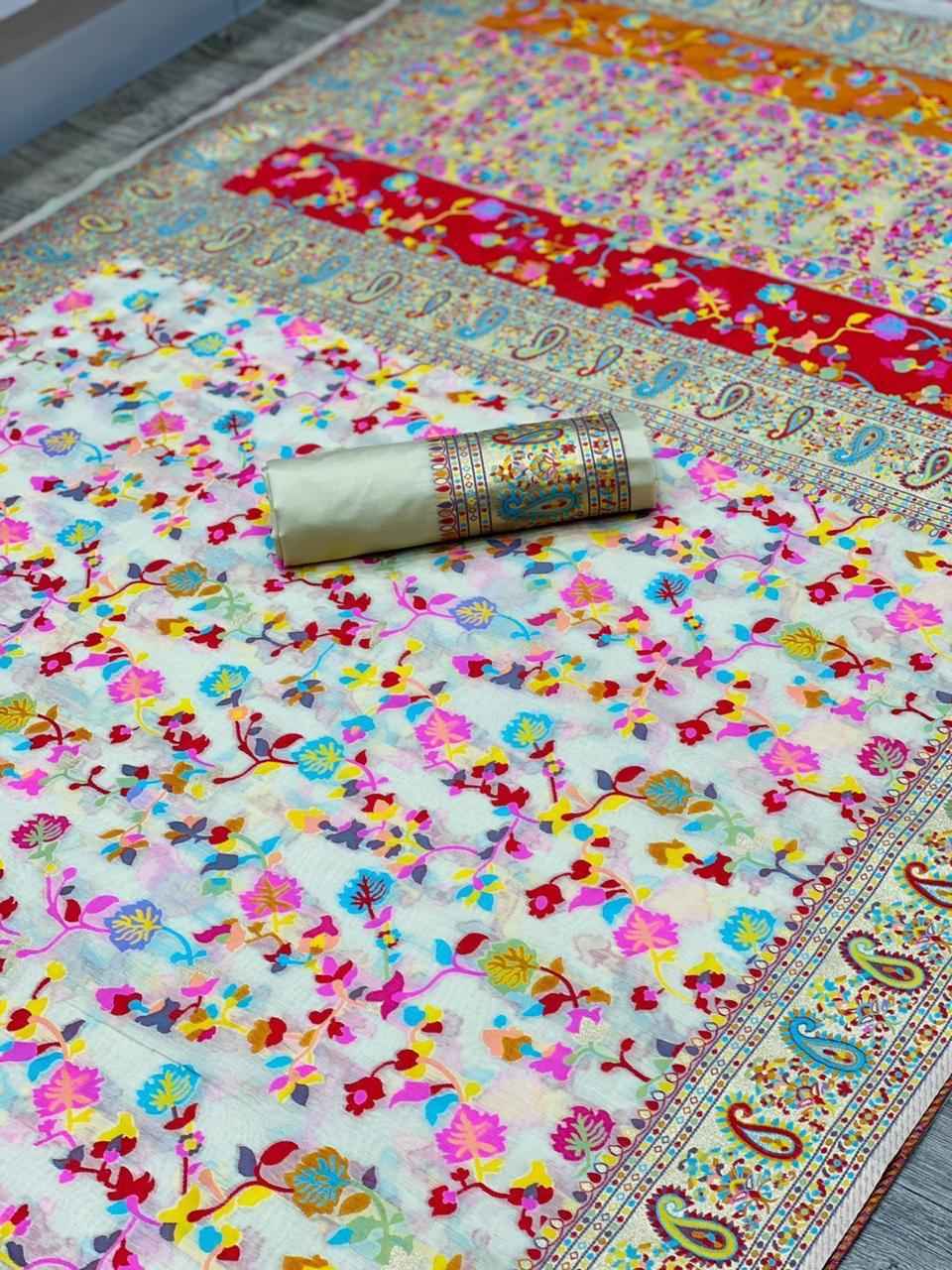 PASMINA KASHMIRI PURE ZARI WEAVING WORK SAREE AT WHOLESALE PRICE