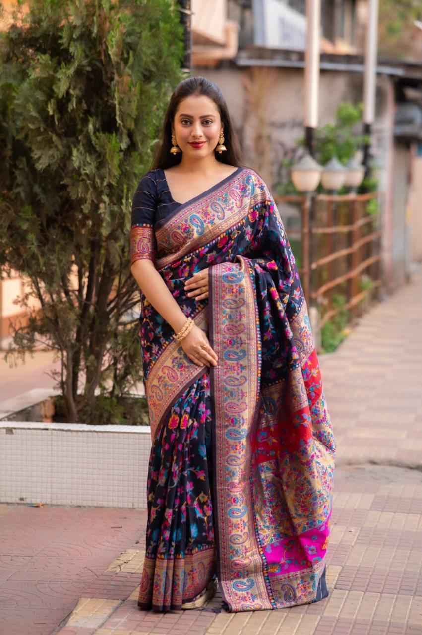 PASMINA KASHMIRI PURE ZARI WEAVING WORK SAREE AT WHOLESALE PRICE