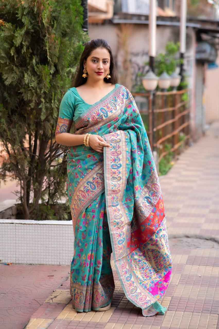 PASMINA KASHMIRI PURE ZARI WEAVING WORK SAREE AT WHOLESALE PRICE