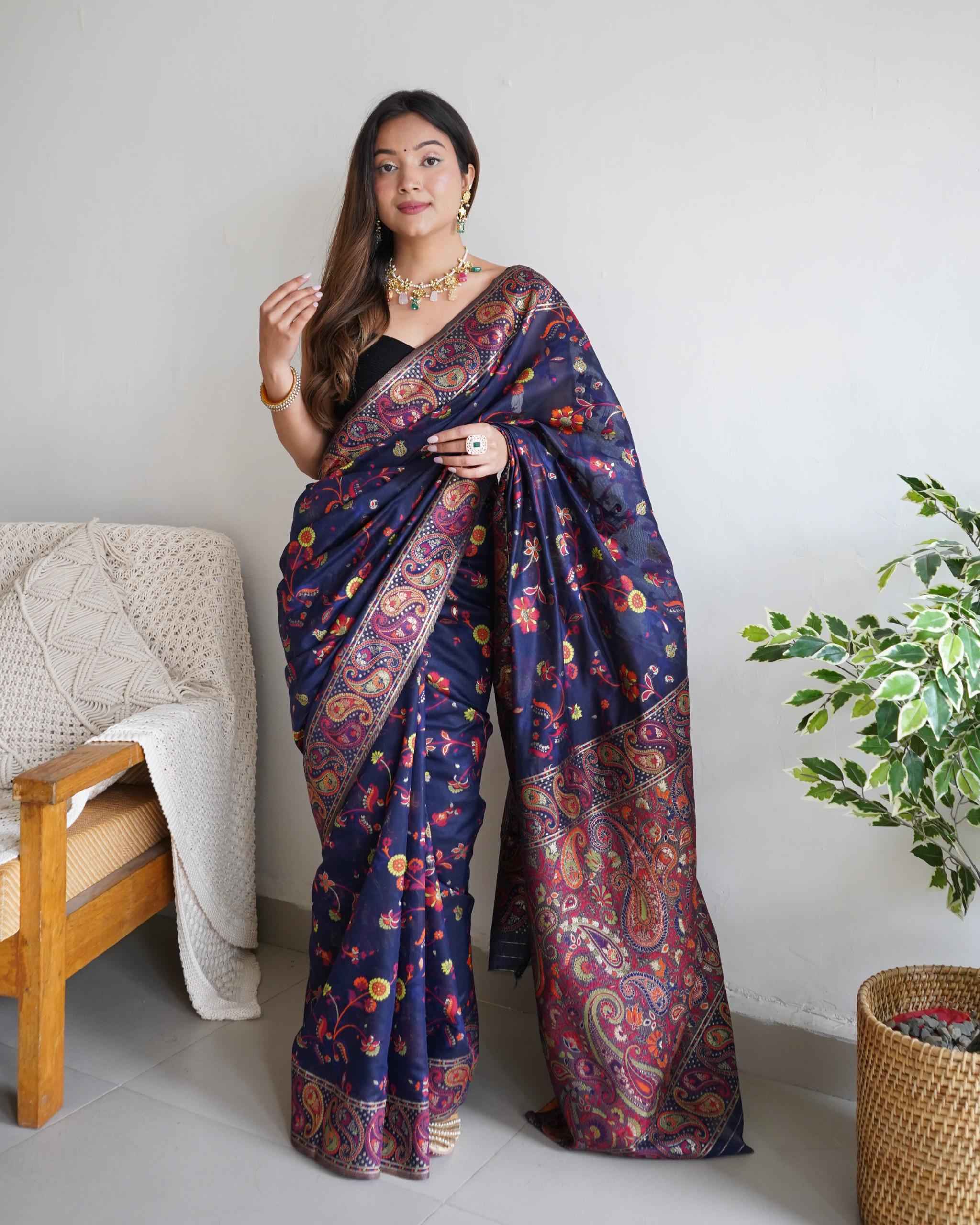 PASMINA KASHMIRI ZARI WEAVING WORK SAREE AT WHOLESALE PRICE