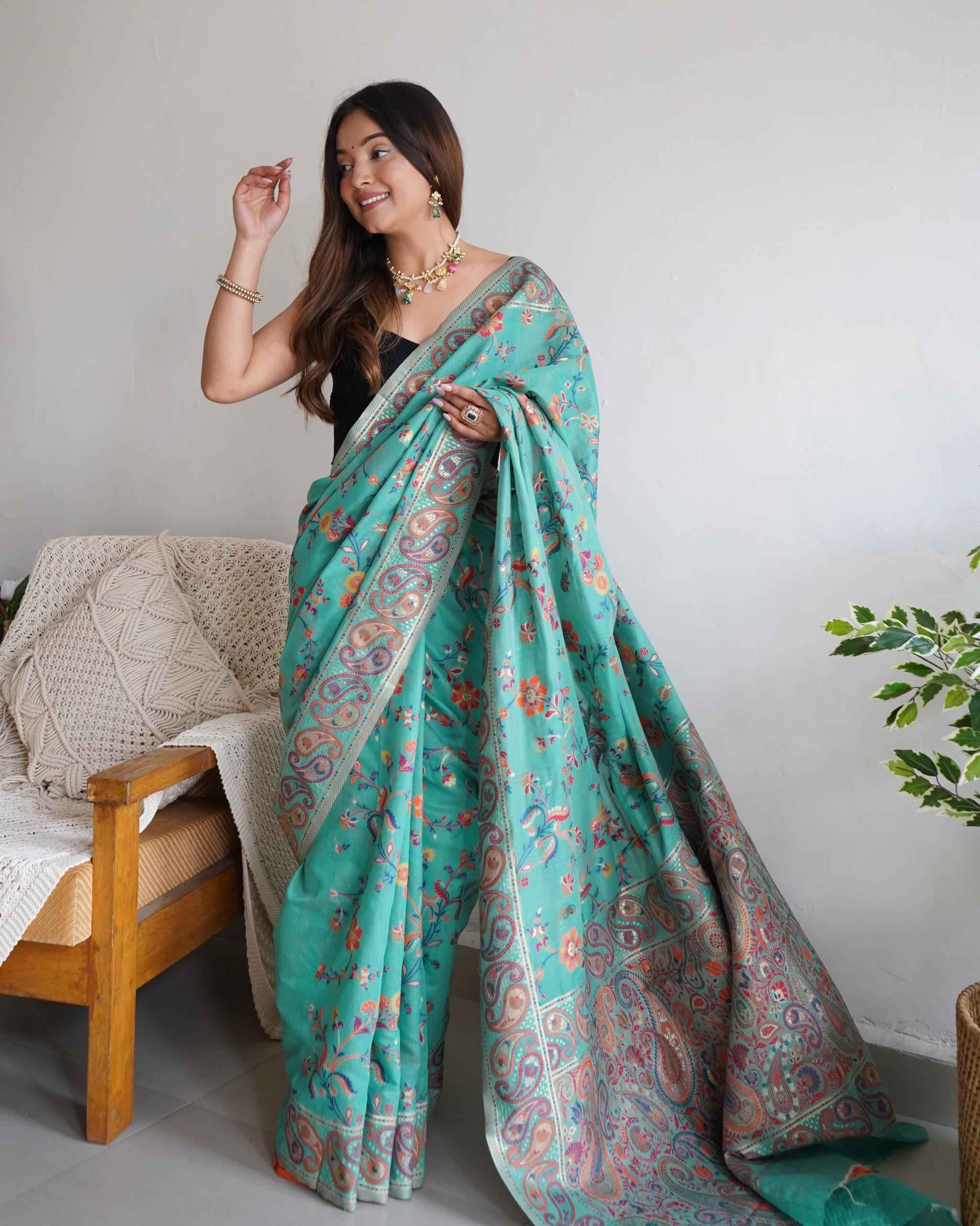 PASMINA KASHMIRI ZARI WEAVING WORK SAREE AT WHOLESALE PRICE