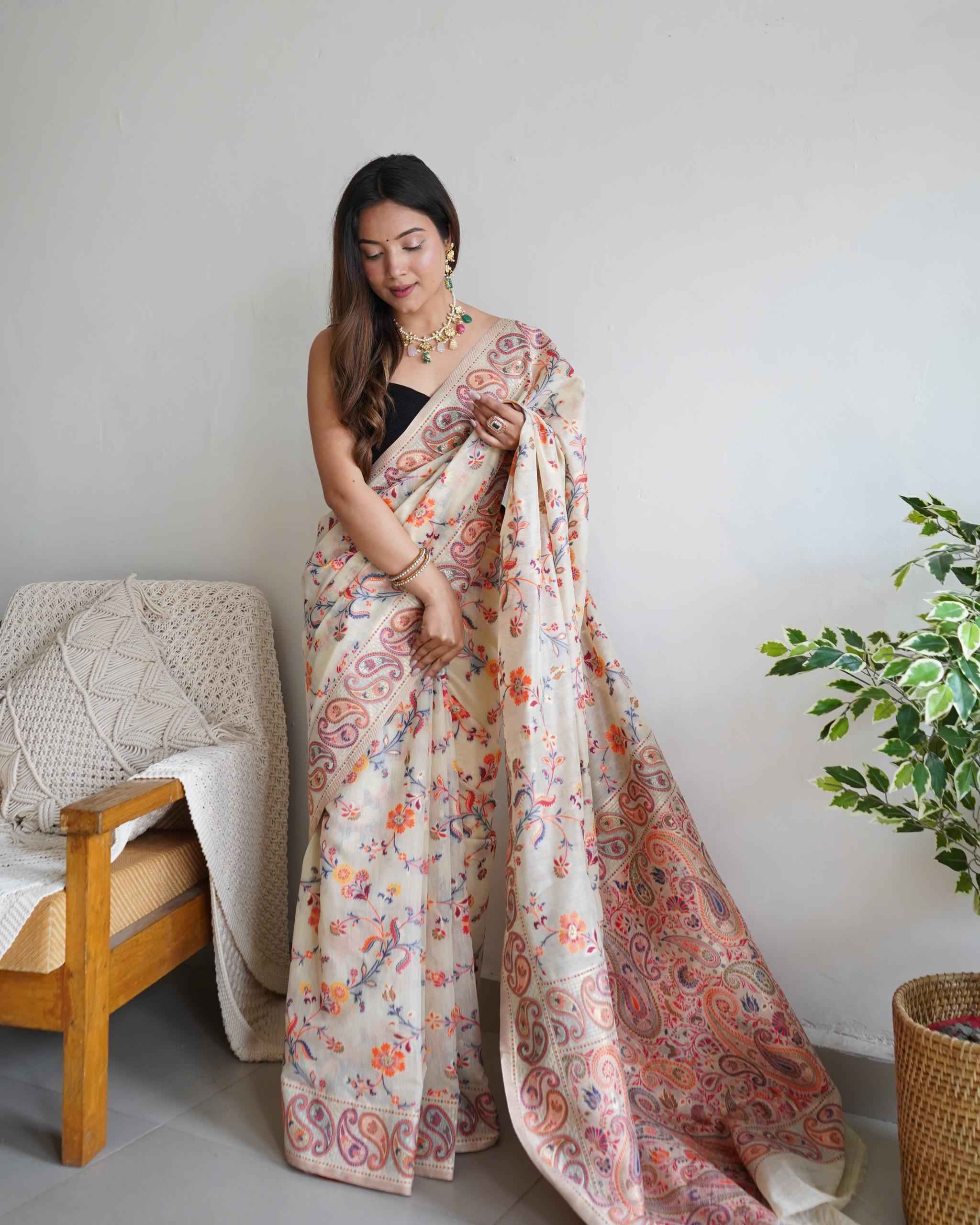 PASMINA KASHMIRI ZARI WEAVING WORK SAREE AT WHOLESALE PRICE