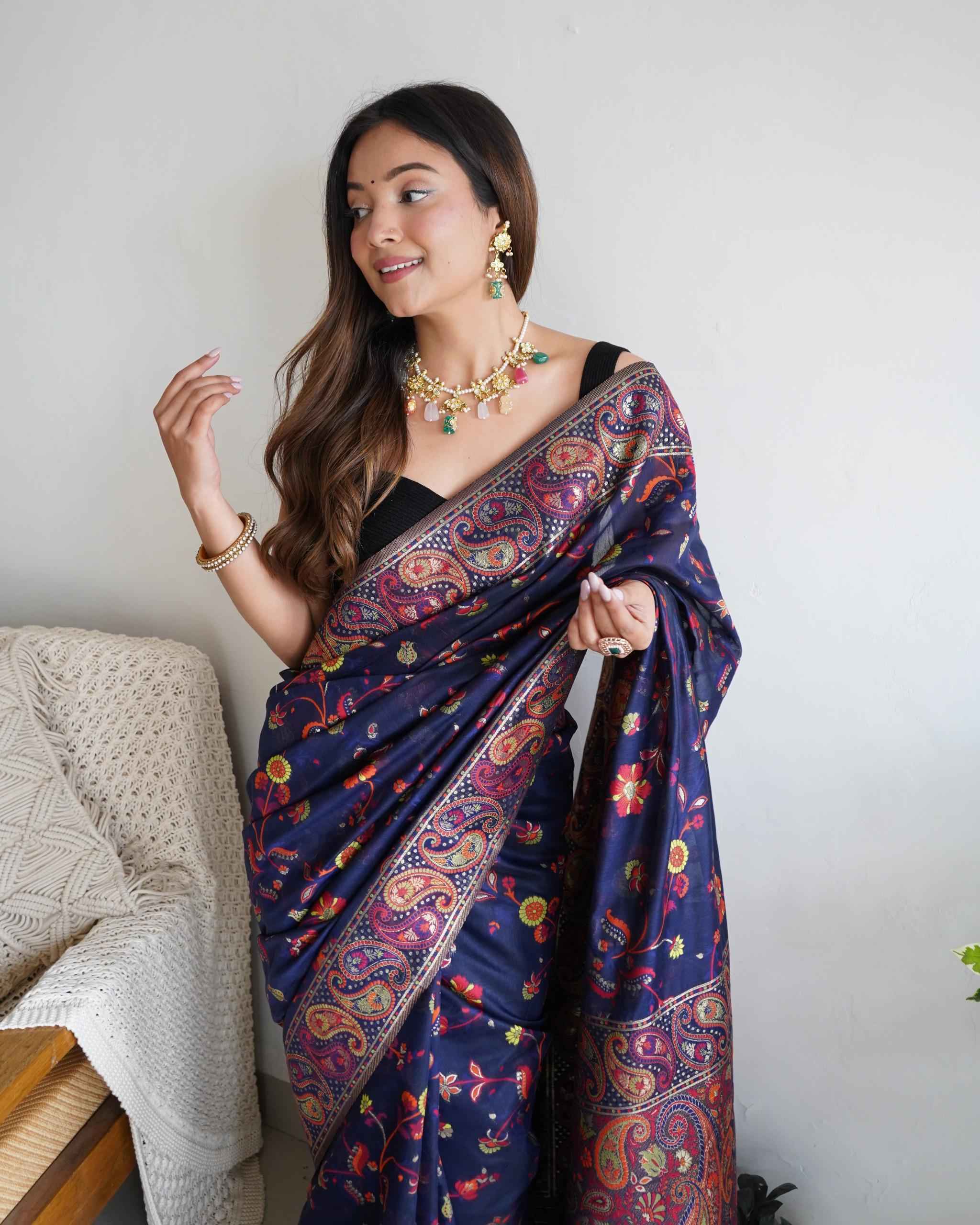 PASMINA KASHMIRI ZARI WEAVING WORK SAREE AT WHOLESALE PRICE