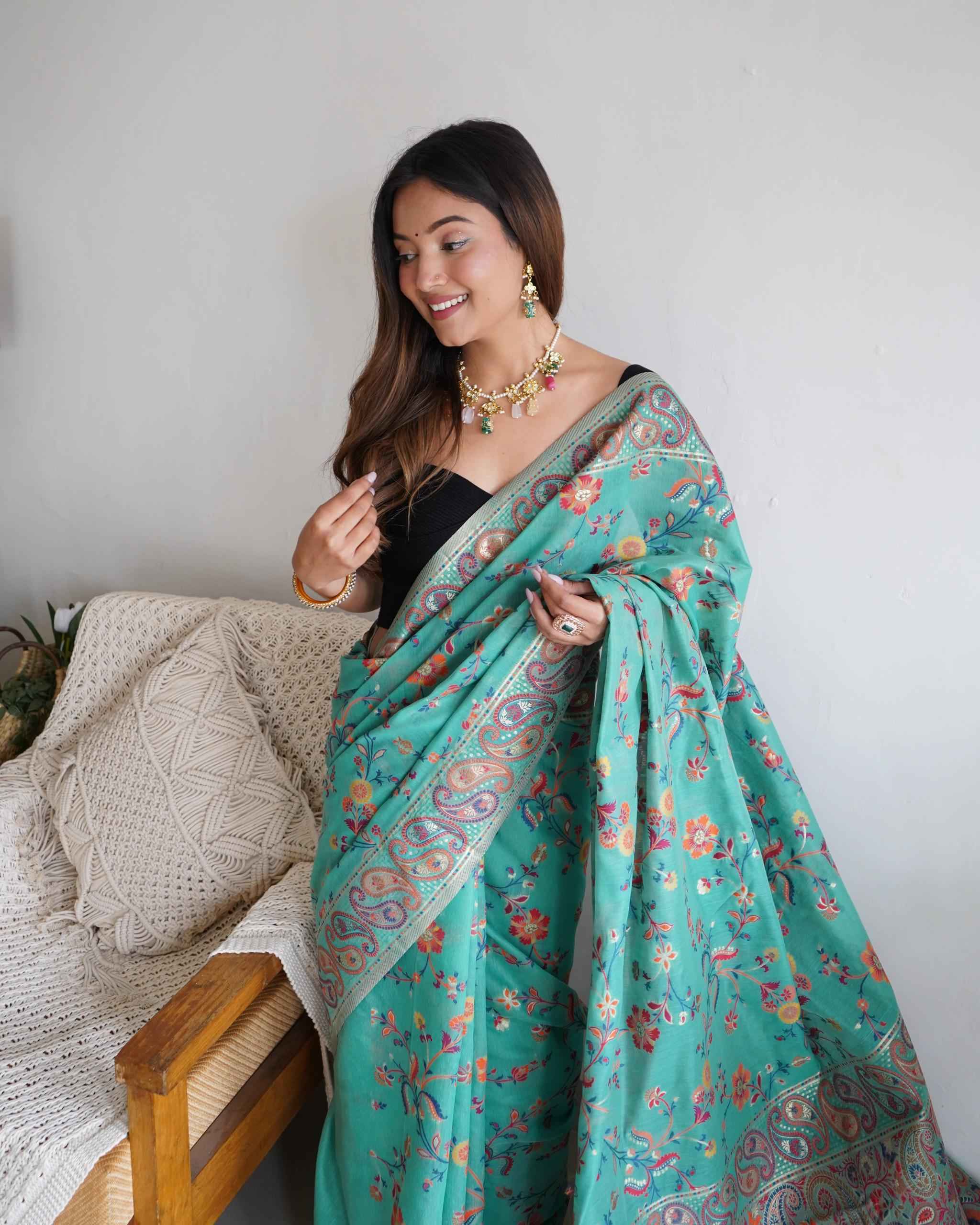 PASMINA KASHMIRI ZARI WEAVING WORK SAREE AT WHOLESALE PRICE