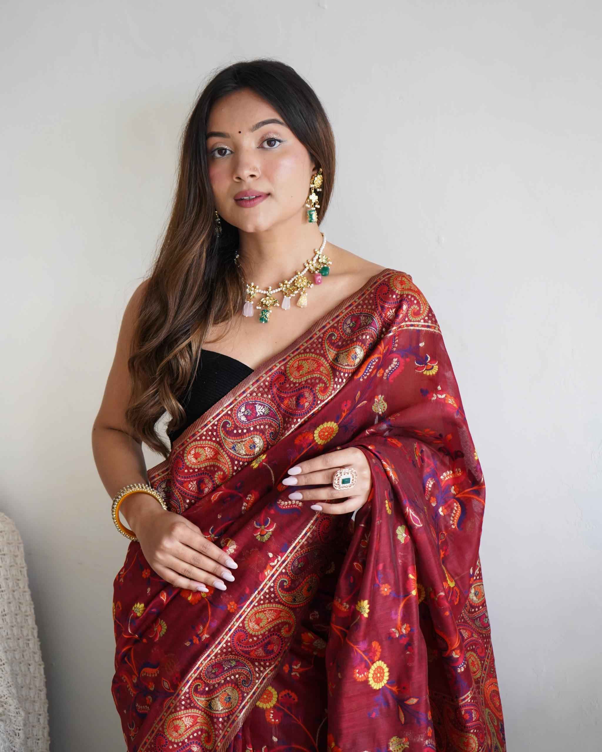 PASMINA KASHMIRI ZARI WEAVING WORK SAREE AT WHOLESALE PRICE