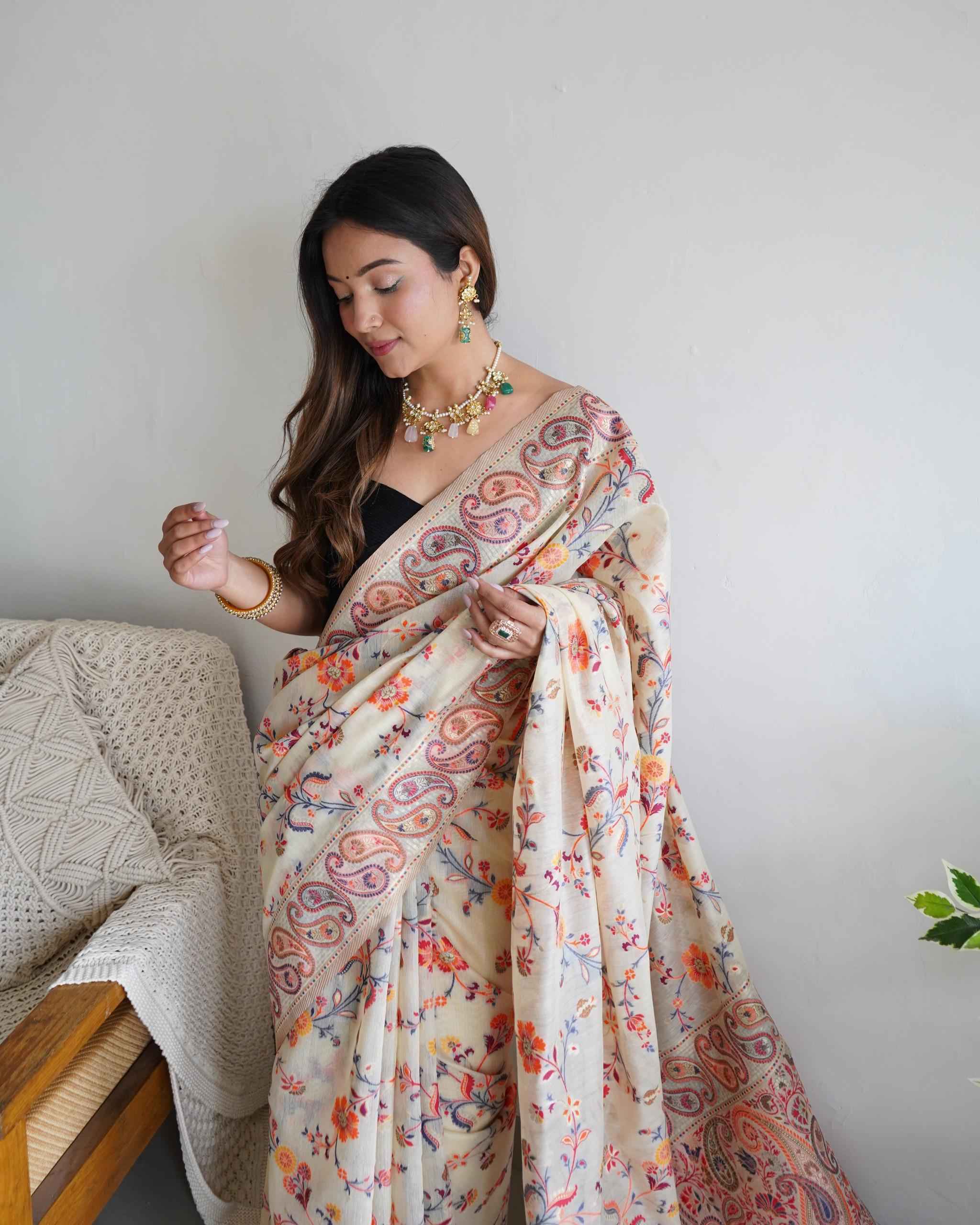 PASMINA KASHMIRI ZARI WEAVING WORK SAREE AT WHOLESALE PRICE