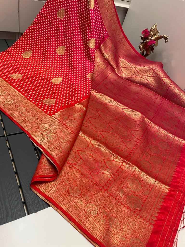 PREMIUM DOLA SOFT SILK BANDHEJ PATTERN WEAVED SAREE AT WHOLESALE PRICE