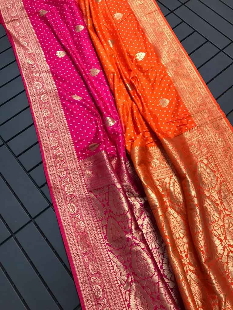 PREMIUM DOLA SOFT SILK BANDHEJ PATTERN WEAVED SAREE AT WHOLESALE PRICE