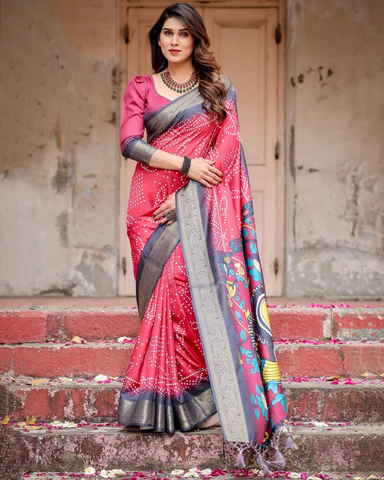 PREMIUM TUSSAR SILK TRADITIONAL BANDHANI DIGITAL PRINTED SAREE AT WHOLESALE PRICE