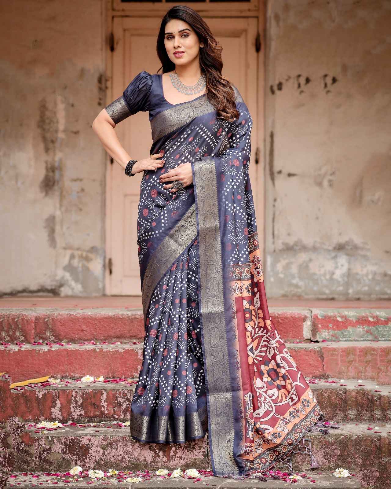 PREMIUM TUSSAR SILK TRADITIONAL BANDHANI DIGITAL PRINTED SAREE AT WHOLESALE PRICE