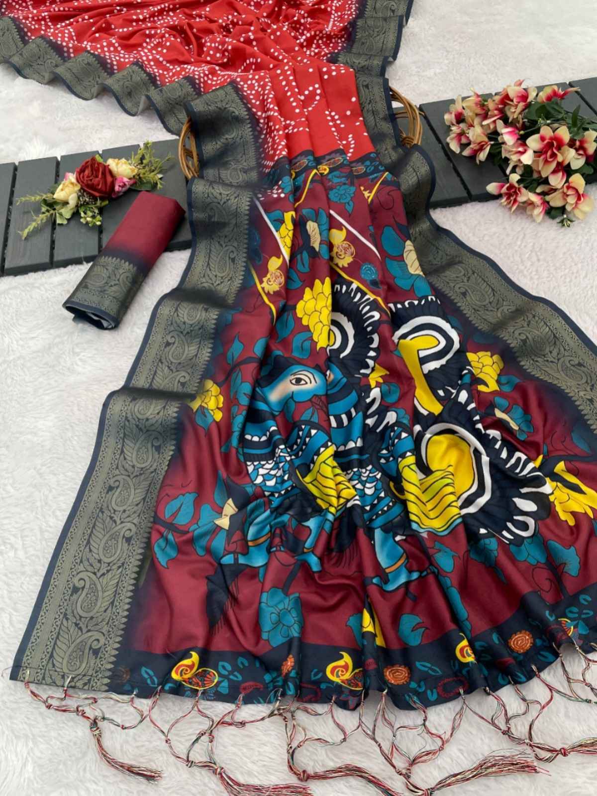 PREMIUM TUSSAR SILK TRADITIONAL BANDHANI DIGITAL PRINTED SAREE AT WHOLESALE PRICE