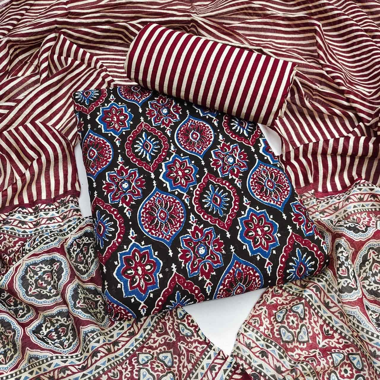 PURE CHANDERI COTTON AJRAKH PRINTED DRESS MATERIAL AT WHOLESALE PRICE