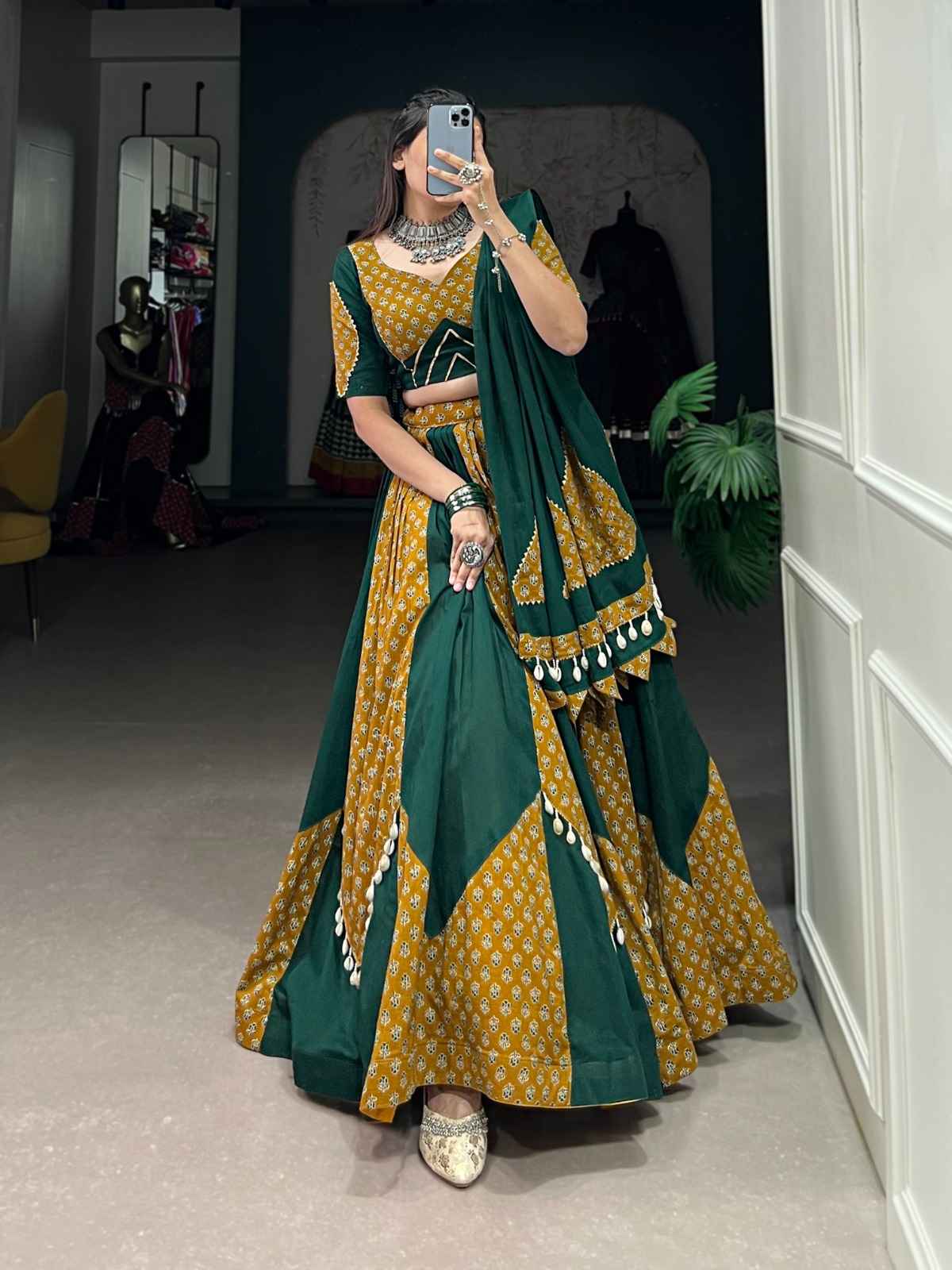 PURE COTTON PRINTED WITH COWRIE KODI LACE TOUCH UP LEHENGA CHOLI AT WHOLESALE PRICE