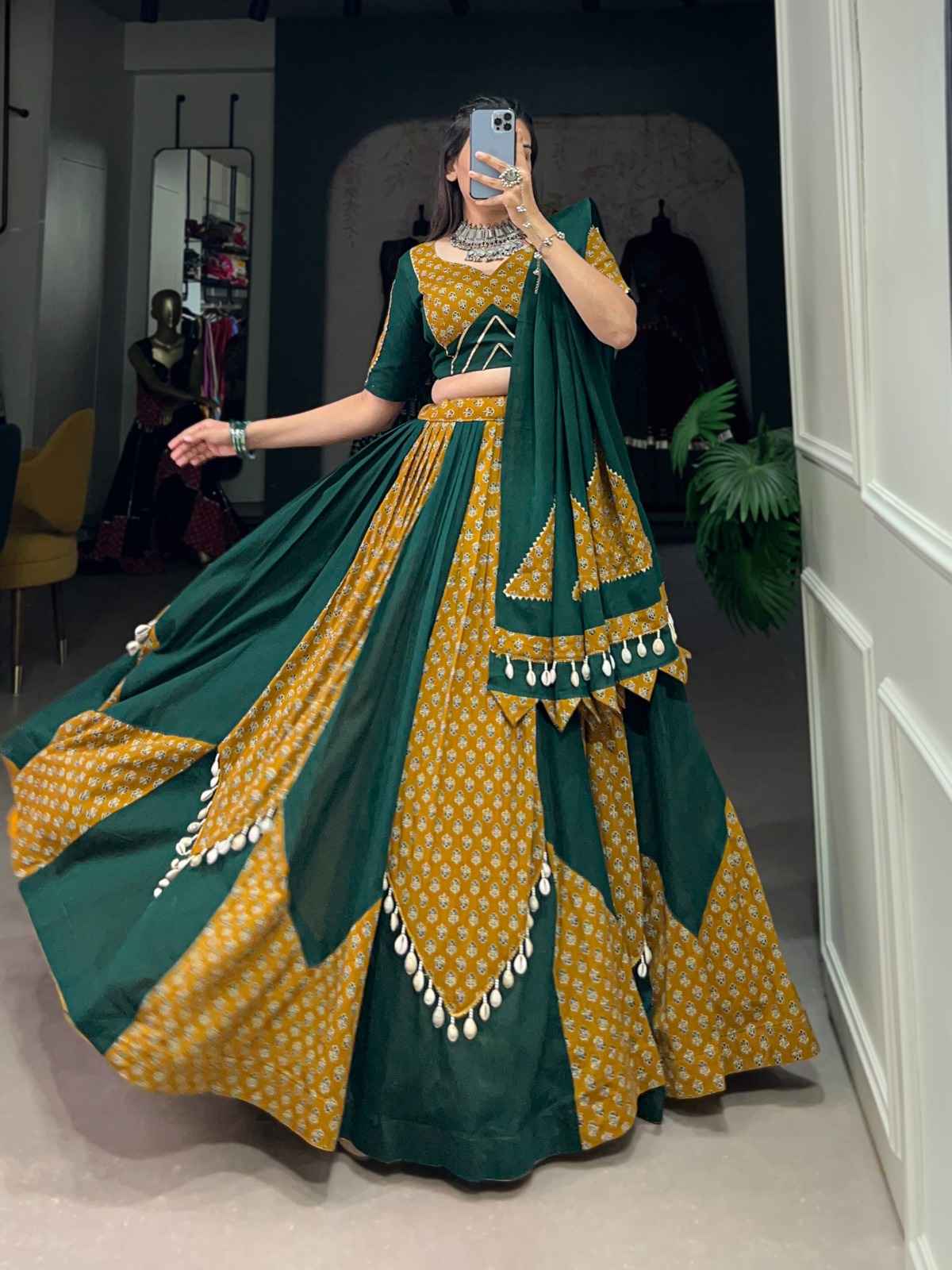 PURE COTTON PRINTED WITH COWRIE KODI LACE TOUCH UP LEHENGA CHOLI AT WHOLESALE PRICE