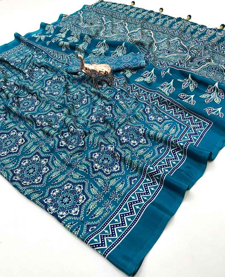 PURE CRAPE SATIN WITH AJRAK PRINTED RICH PALLU SAREE AT WHOLESALE PRICE