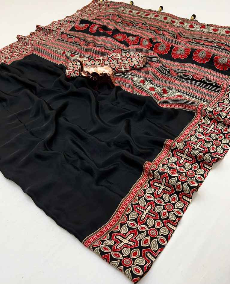 PURE CRAPE SATIN WITH AJRAK PRINTED RICH PALLU SAREE AT WHOLESALE PRICE