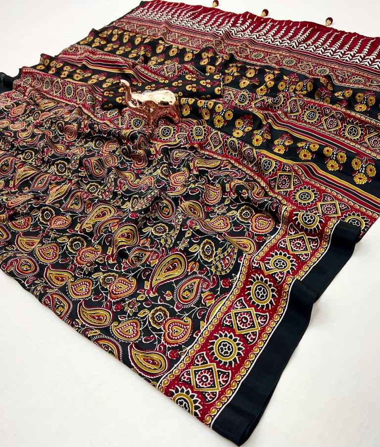 PURE CRAPE SATIN WITH AJRAK PRINTED RICH PALLU SAREE AT WHOLESALE PRICE