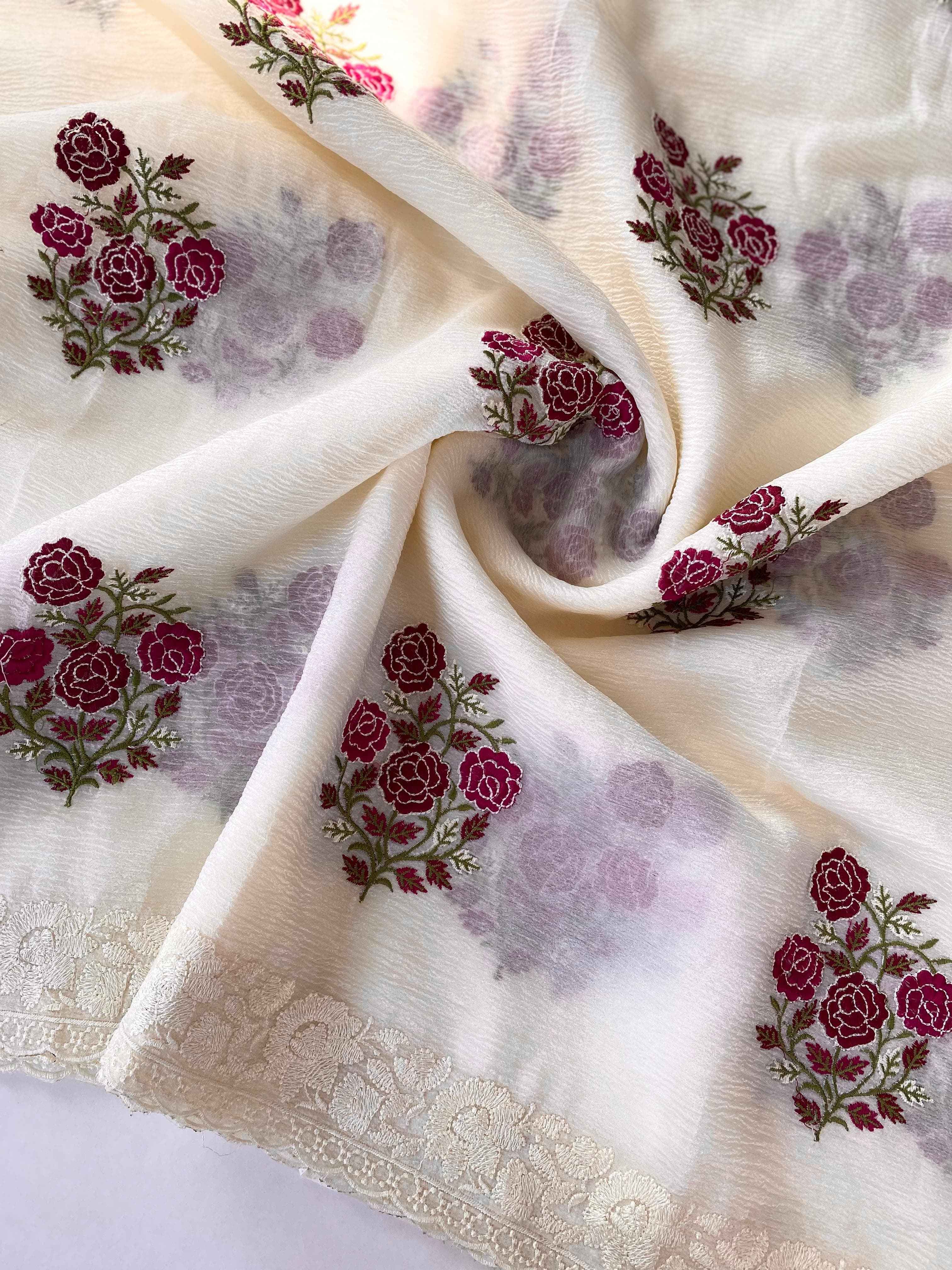 PURE CRUSH GEORGETTE CHIFFON FLORAL EMBROIDERY SAREE AT WHOLESALE PRICE