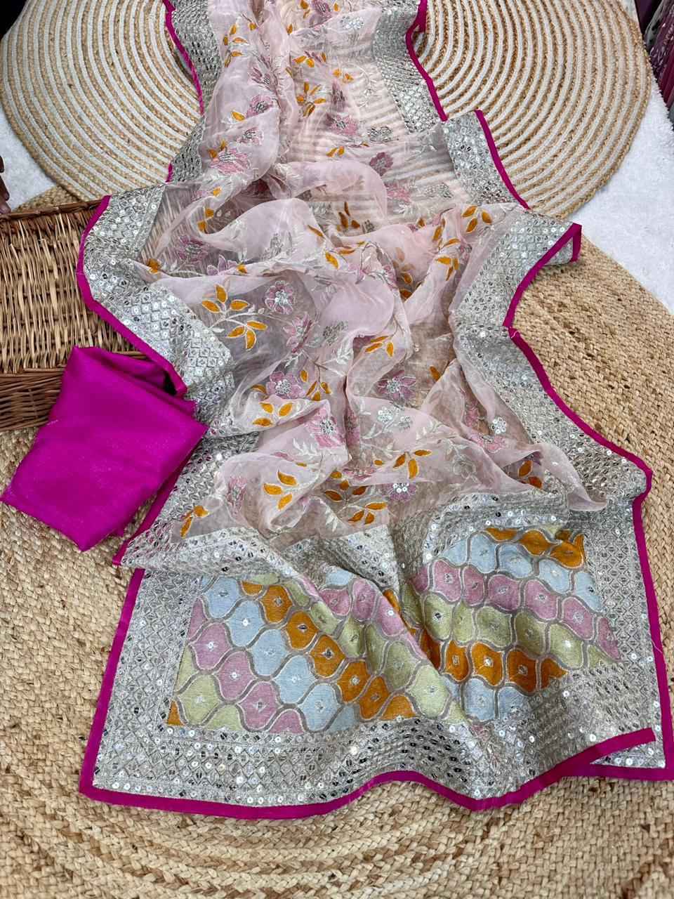 PURE ORGANZA SILK VISCOS THREAD SEQUENCE WORK SAREE AT WHOLESALE PRICE