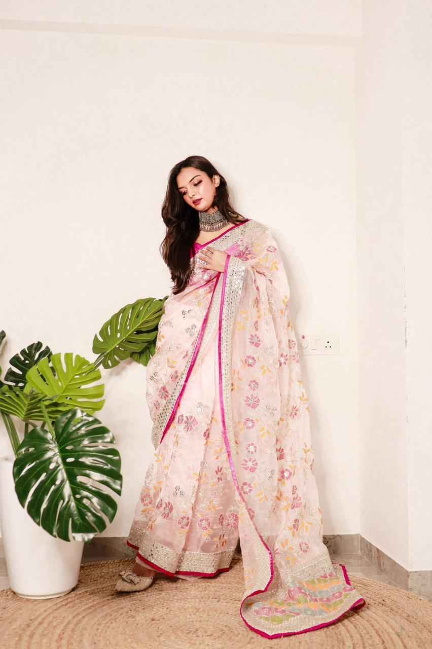 PURE ORGANZA SILK VISCOS THREAD SEQUENCE WORK SAREE AT WHOLESALE PRICE