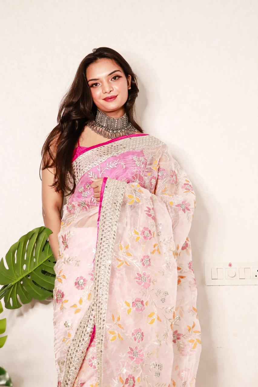 PURE ORGANZA SILK VISCOS THREAD SEQUENCE WORK SAREE AT WHOLESALE PRICE