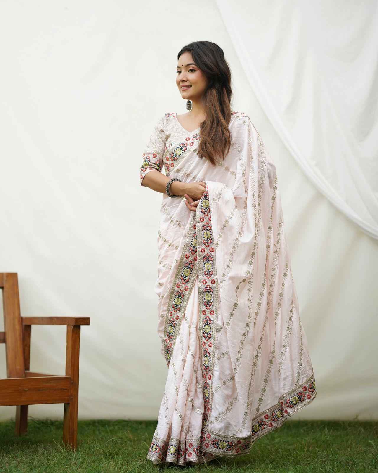 PURE SHIMMER SATIN GEORGETTE SILK EMBROIDERY SEQUINS WORK SAREE AT WHOLESALE PRICE