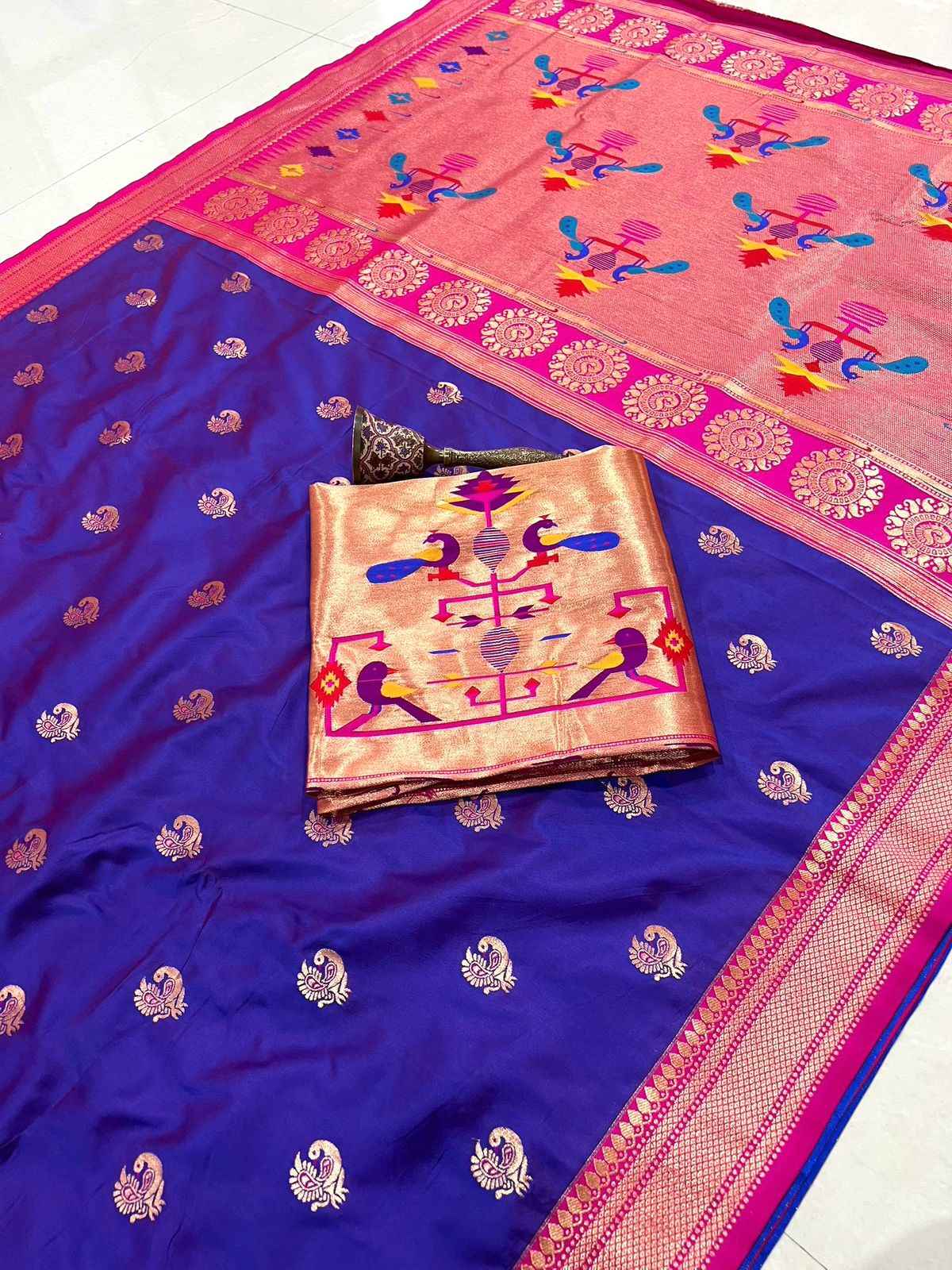 PURE SOFT GOLD ZARI KANCHIVRAM PAITHANI SILK PEACOCK BODER SAREE AT WHOLESALE PRICE