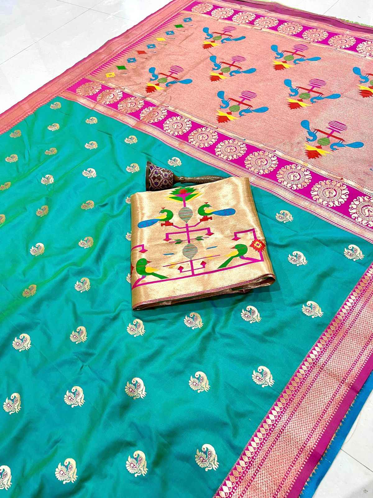 PURE SOFT GOLD ZARI KANCHIVRAM PAITHANI SILK PEACOCK BODER SAREE AT WHOLESALE PRICE
