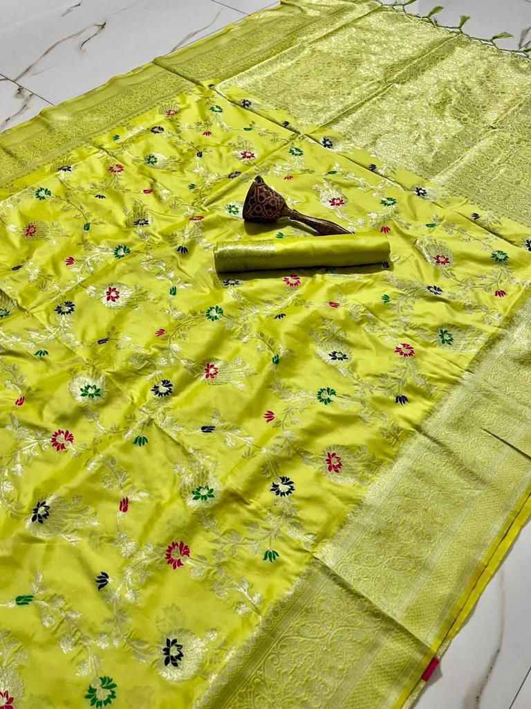 PURE SOFT SILK MINA AND SILVER ZARI WEAVING WORK SAREE AT WHOLESALE PRICE