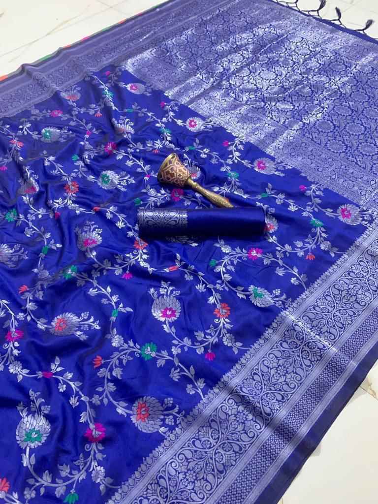 PURE SOFT SILK MINA AND SILVER ZARI WEAVING WORK SAREE AT WHOLESALE PRICE