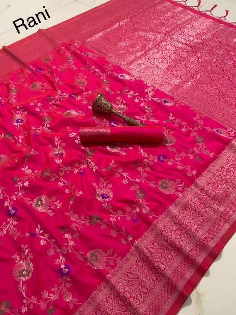 PURE SOFT SILK MINA AND SILVER ZARI WEAVING WORK SAREE AT WHOLESALE PRICE