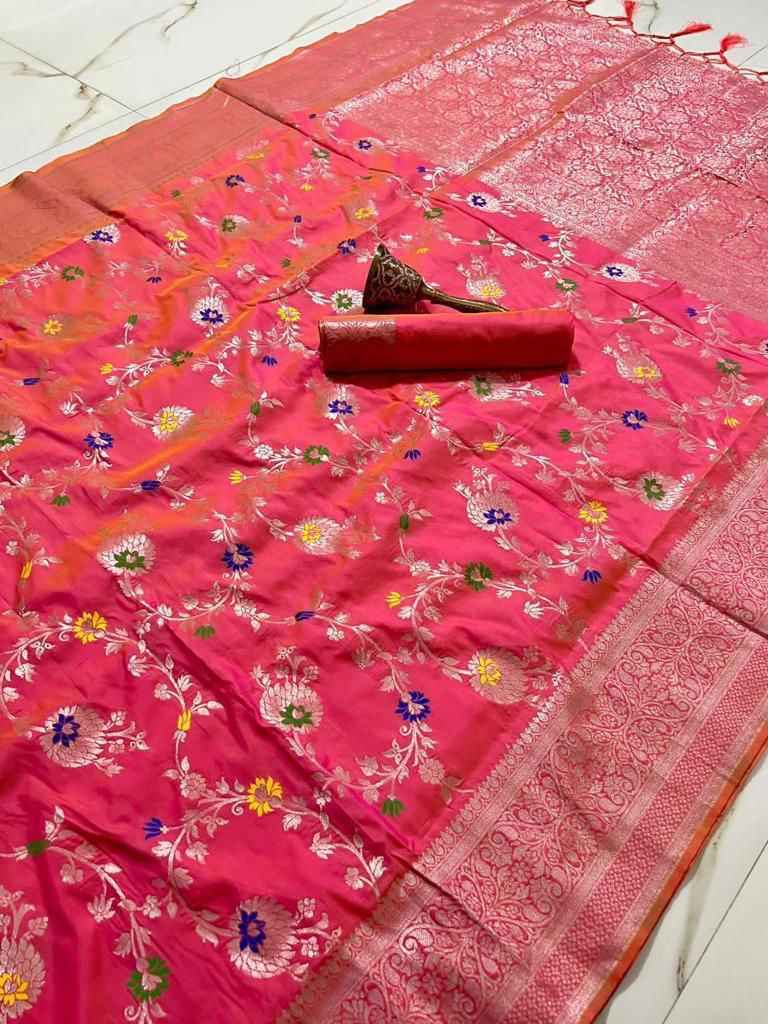 PURE SOFT SILK MINA AND SILVER ZARI WEAVING WORK SAREE AT WHOLESALE PRICE