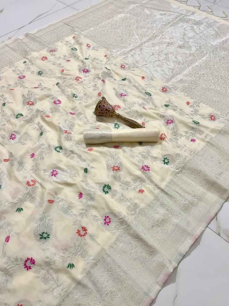 PURE SOFT SILK MINA AND SILVER ZARI WEAVING WORK SAREE AT WHOLESALE PRICE