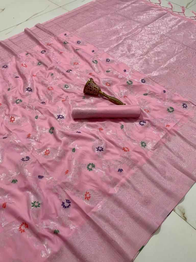 PURE SOFT SILK MINA AND SILVER ZARI WEAVING WORK SAREE AT WHOLESALE PRICE