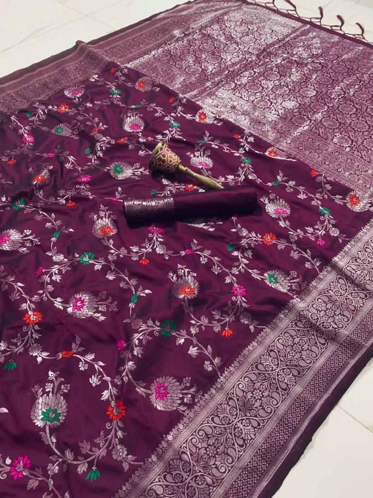 PURE SOFT SILK MINA AND SILVER ZARI WEAVING WORK SAREE AT WHOLESALE PRICE