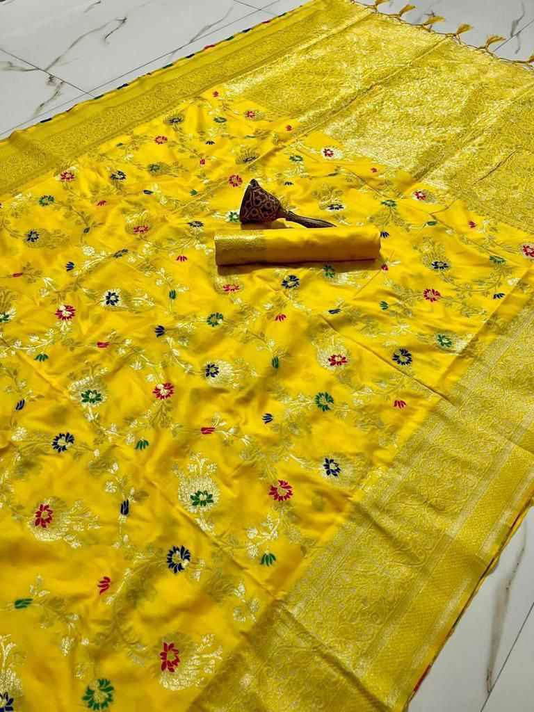PURE SOFT SILK MINA AND SILVER ZARI WEAVING WORK SAREE AT WHOLESALE PRICE