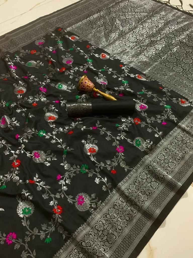 PURE SOFT SILK MINA AND SILVER ZARI WEAVING WORK SAREE AT WHOLESALE PRICE