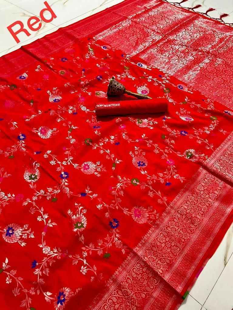 PURE SOFT SILK MINA AND SILVER ZARI WEAVING WORK SAREE AT WHOLESALE PRICE