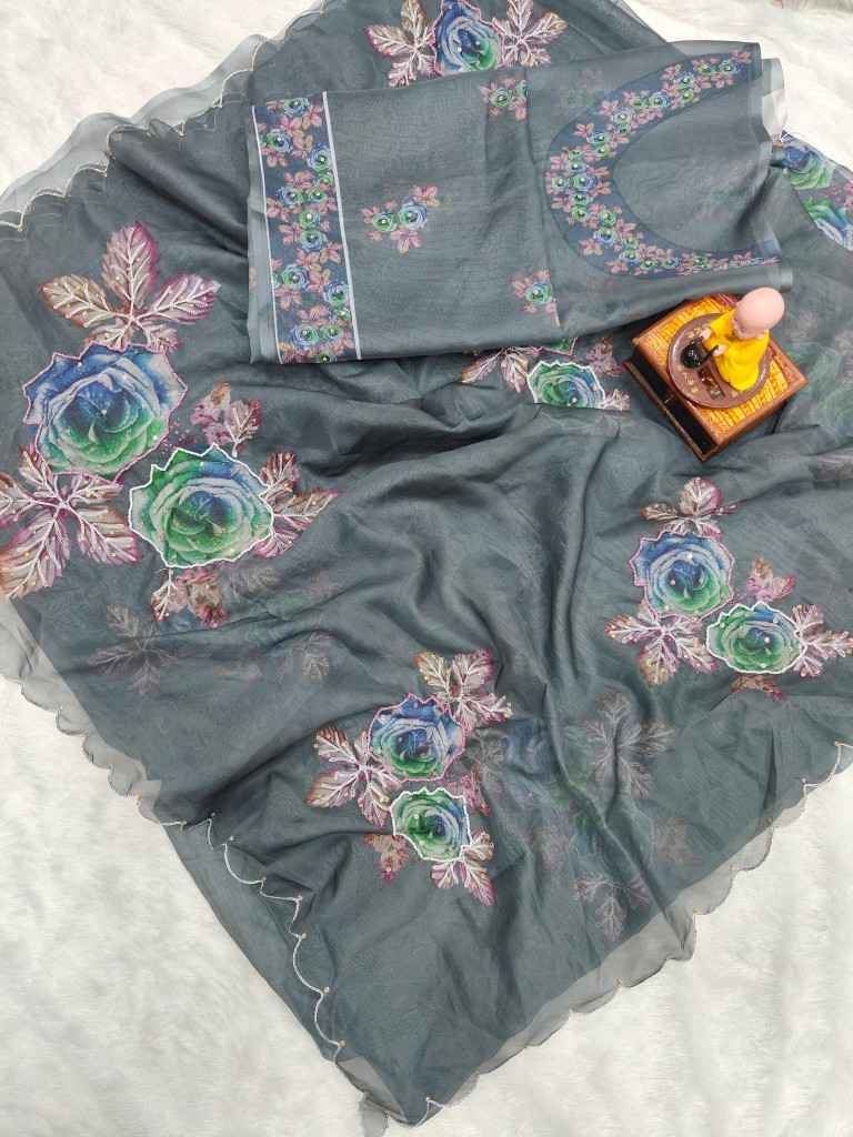 MEMSAB PURE SOFT TABBY ORGENZA WITH DIGITAL PRINT AND KHATLI WORK DESIGNER SAREE AT WHOLESALE PRICE 