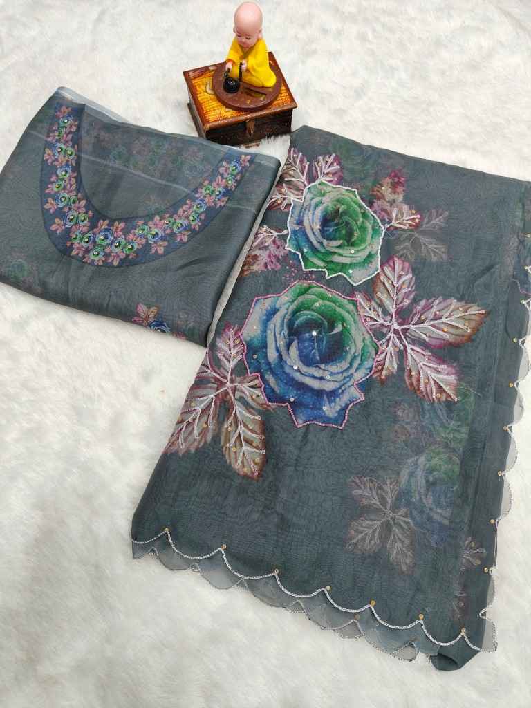 MEMSAB PURE SOFT TABBY ORGENZA WITH DIGITAL PRINT AND KHATLI WORK DESIGNER SAREE AT WHOLESALE PRICE 