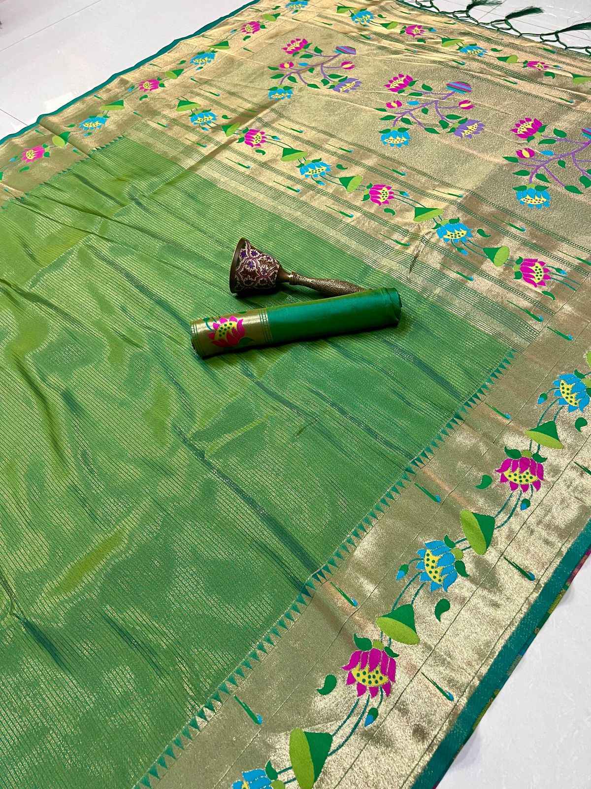 PURE SOFT ZARI KANCHIVRAM TISSUE PAITHANI FLOWER BODER SILK SAREE AT WHOLSALE PRICE