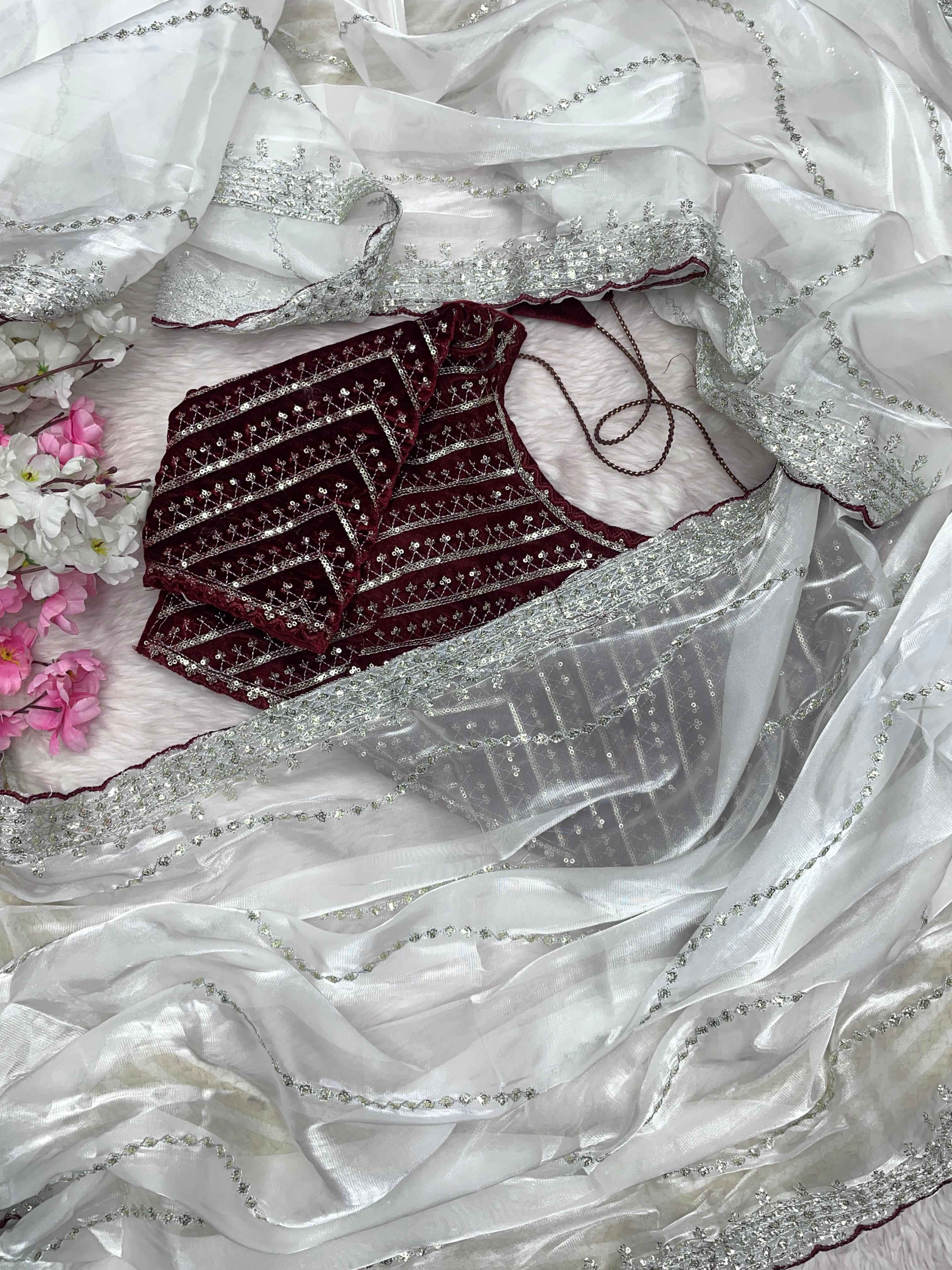 PURE ZIMMY CHOO SATIN SEQUENCE ZARI WORH SAREE AT WHOLESALE PRICE