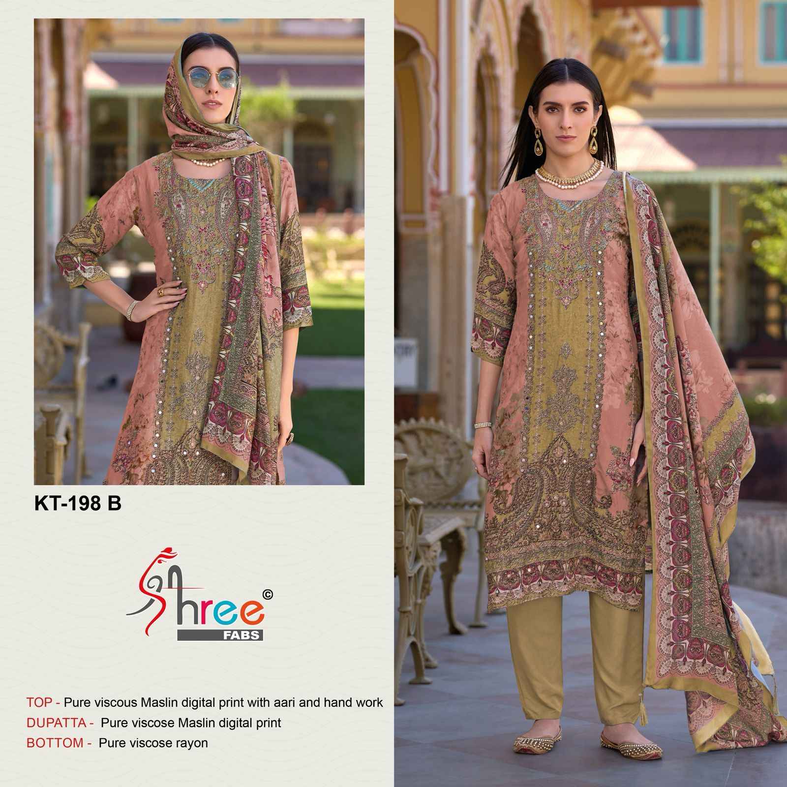 SHREE FAB D NO KT - 198 PURE VISCOUS MASLIN DIGITAL PRINT DRESS MATERIAL AT WHOLESALE PRICE