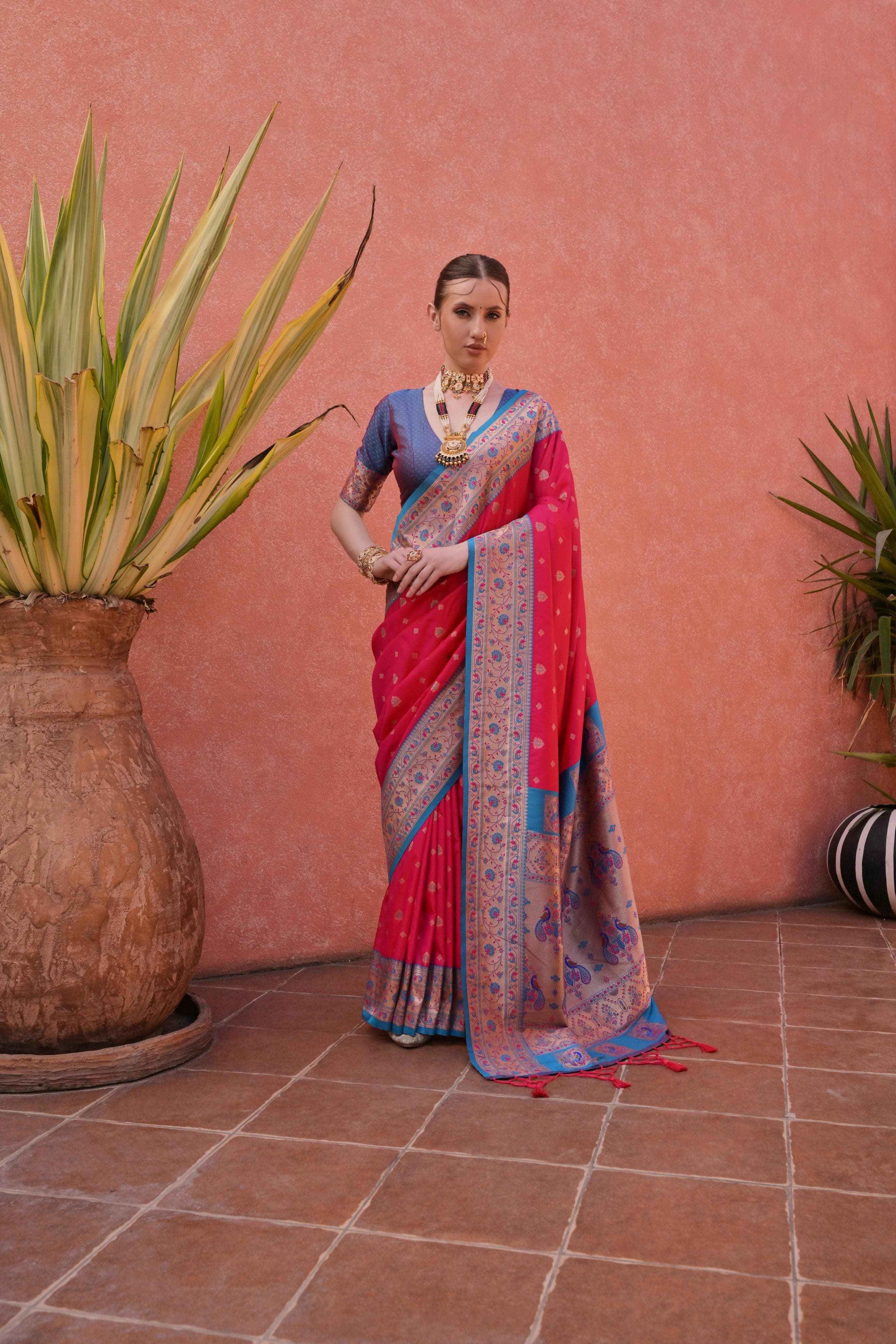 SOFT BANARASI SILK PAITHANI WEAVING BORDER AND ZARI WOVEN SAREE AT WHOLESALE PRICE