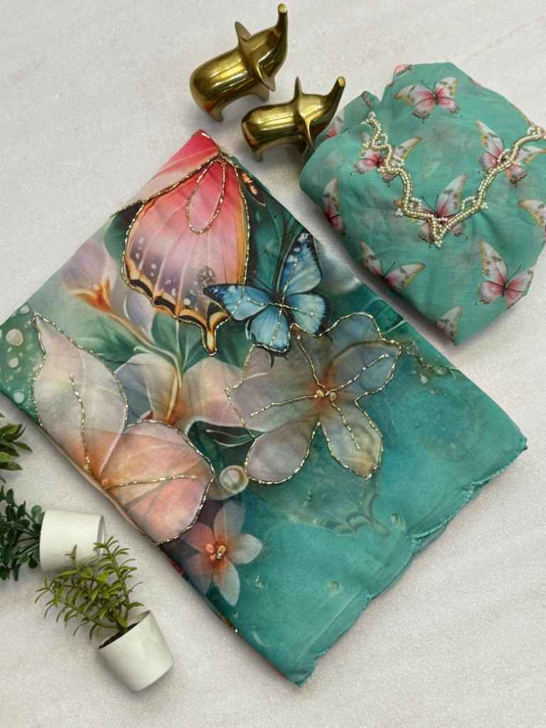 SOFT CHIFFON FLORAL DIGITAL PRINT HANDWORK SAREE AT WHOLESALE PRICE