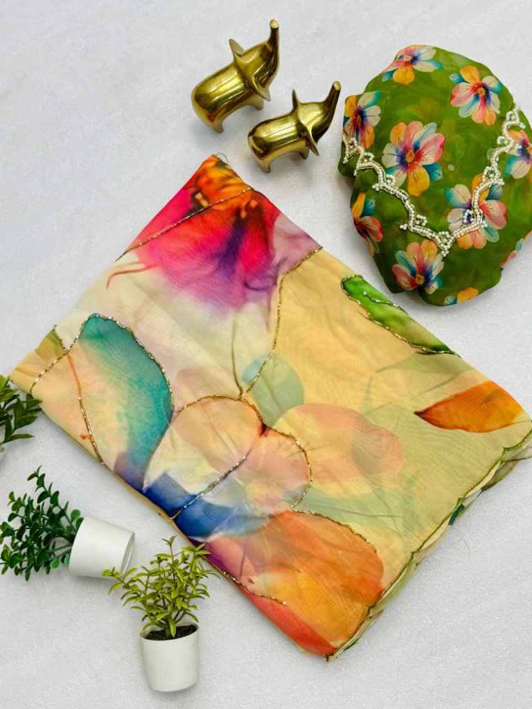 SOFT CHIFFON FLORAL DIGITAL PRINT HANDWORK SAREE AT WHOLESALE PRICE