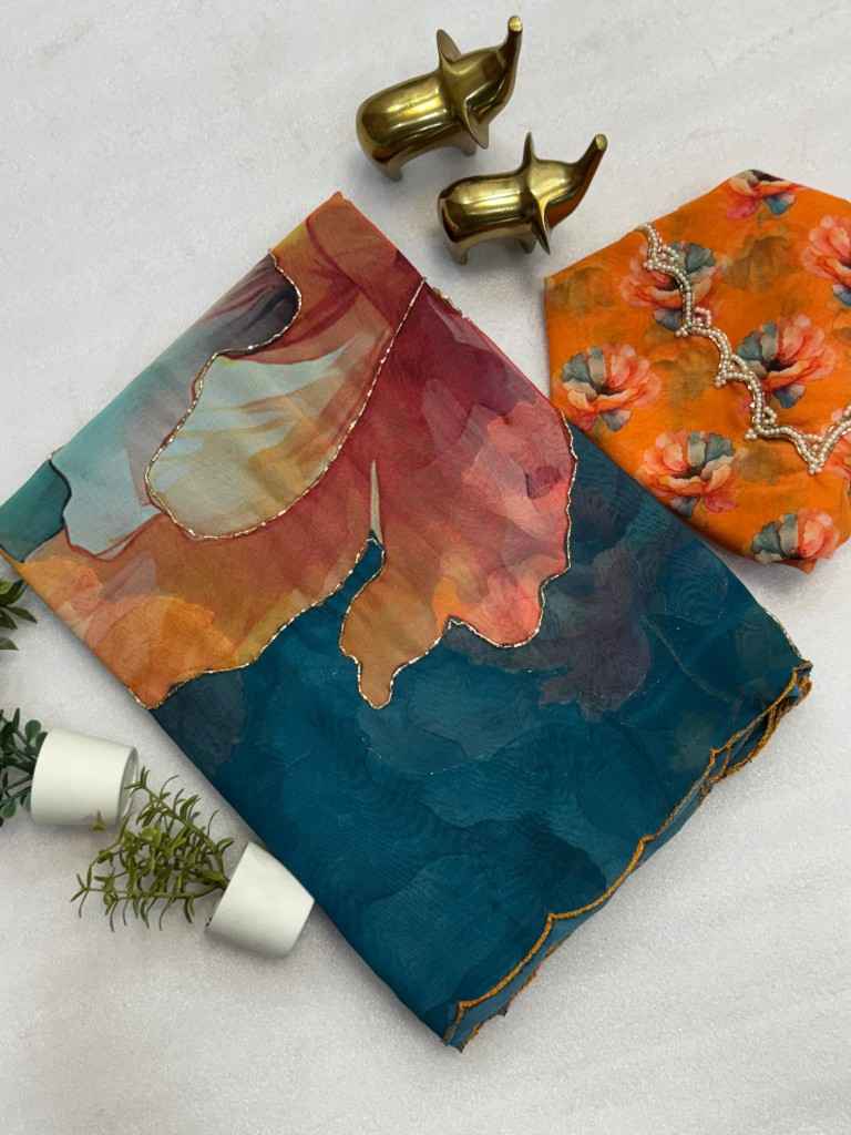 SOFT CHIFFON FLORAL DIGITAL PRINT HANDWORK SAREE AT WHOLESALE PRICE