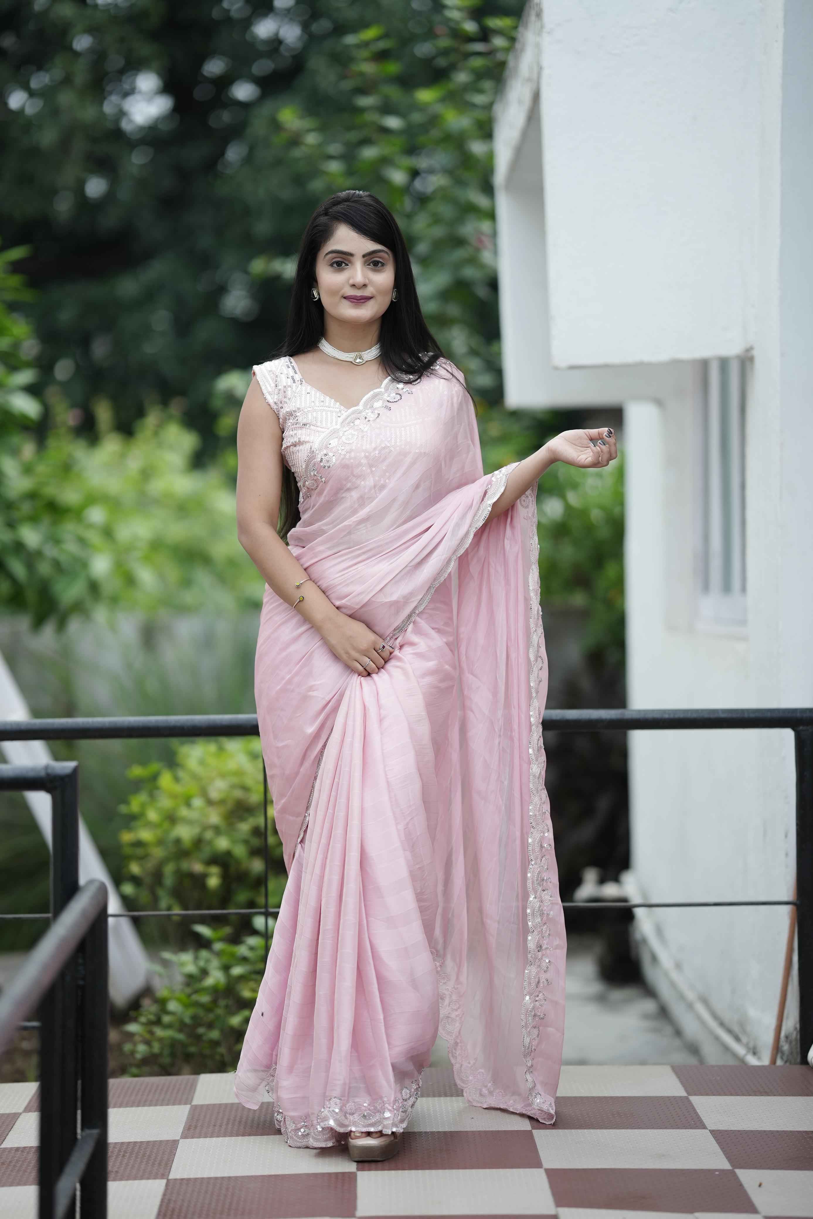 SOFT CHIFFON WITH WEAVING ZARI LINE EMBROIDERY WORK SAREE AT WHOLESALE PRICE
