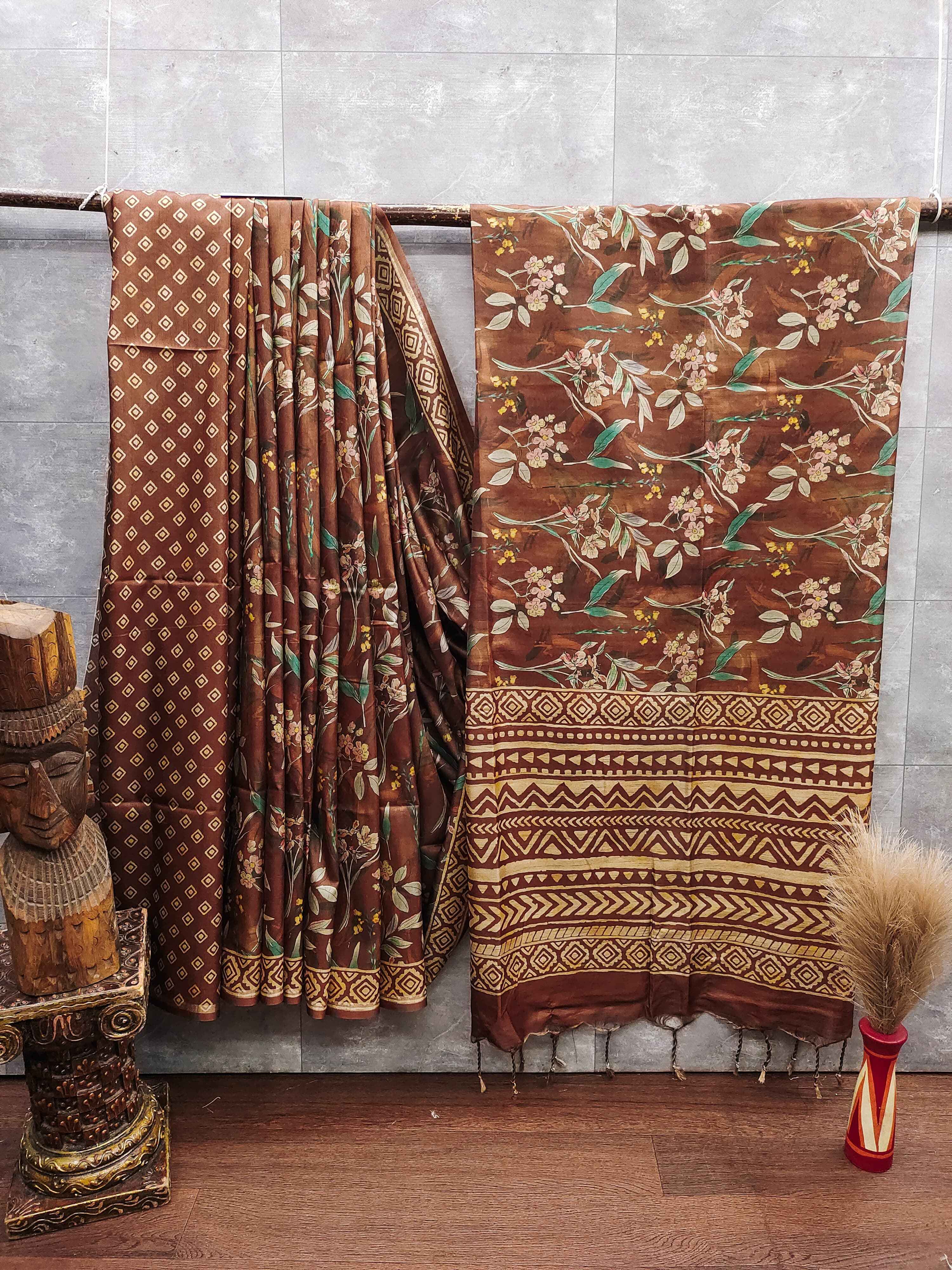 SOFT DESI TUSSAR SILK HAND PAINTED FLORAL PATTERN SAREE AT WHOLESALE PRICE