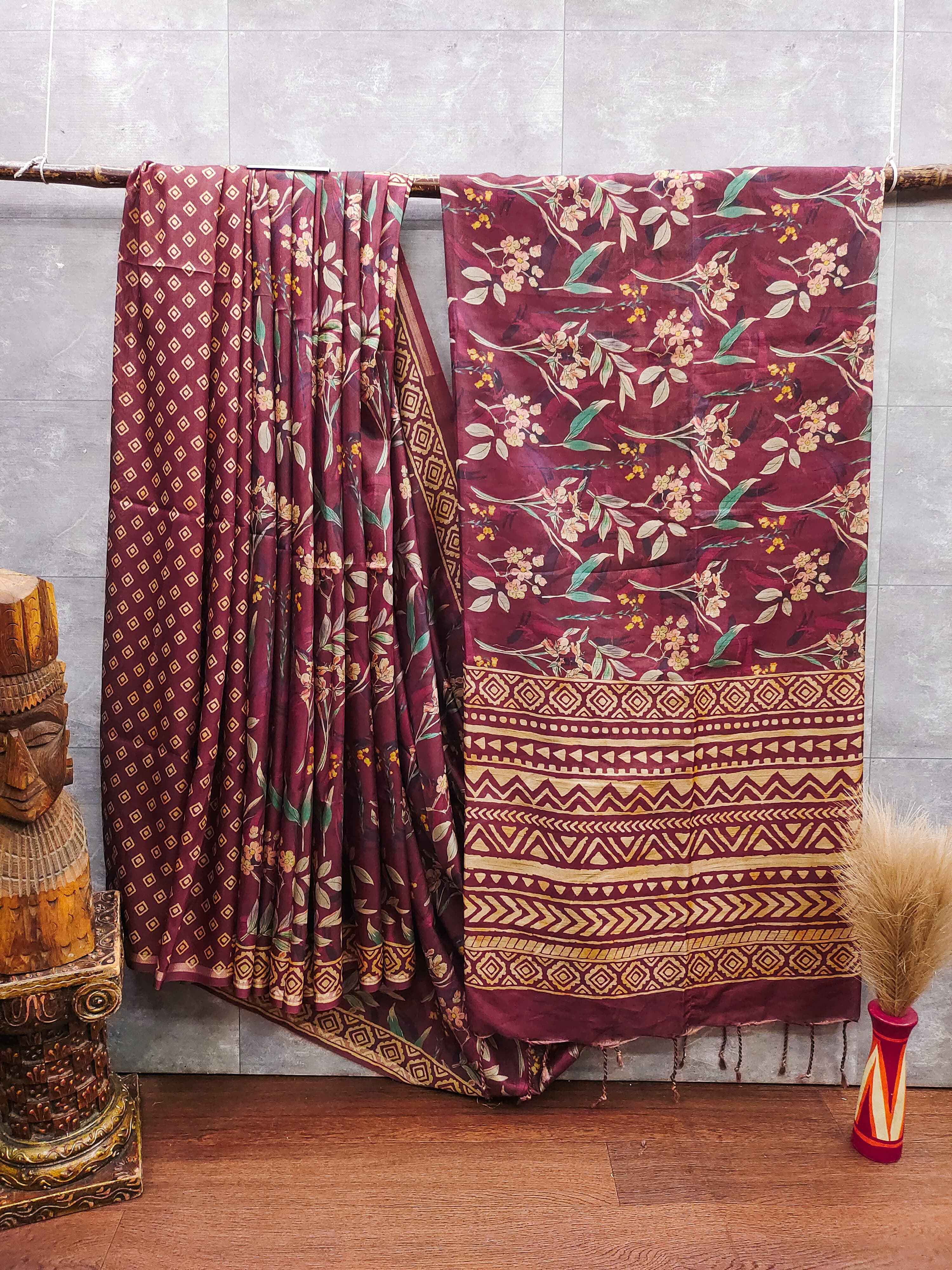 SOFT DESI TUSSAR SILK HAND PAINTED FLORAL PATTERN SAREE AT WHOLESALE PRICE